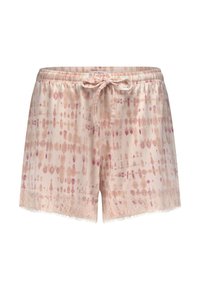 Korte katoenen shorts in zachtroze met een strikceintuur, voorzien van een aquarelpatroon in mauve en beige en een kanten zoom aan de onderkant.