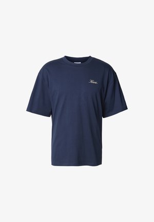 Navyblaues T-Shirt aus Baumwolle, mit Rundhalsausschnitt, kurzen Ärmeln, lockerer Passform und einem kleinen gestickten Logo auf der Brust.