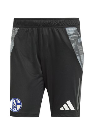 Schwarze Sportshorts mit grauen geometrischen Mustern, blau-weißem S04-Logo am linken Bein und weißem Adidas-Logo am rechten Bein.