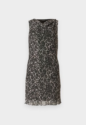 Short, sleeveless dress in lightweight fabric with a gray and black leopard print design. Features a draped neckline and scalloped hem.