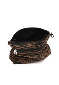Astuccio con zip in motivo zebra marrone e nero; tessuto morbido con finitura testurizzata. Include una tasca interna per l'organizzazione.
