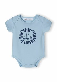 Light blue short-sleeve bodysuit made of soft cotton, featuring a navy lion face graphic with whiskers and a round mane pattern.
