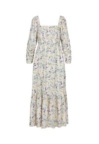 Bloemrijke midi-jurk met een vierkante halslijn, pofmouwen en een verzamelde taille. Gemaakt van lichtgewicht stof met een gerimpelde zoom. Kleuren omvatten crème, blauw en paars.