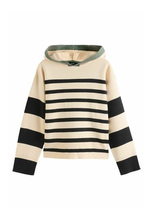 Beige Kapuzenpulli mit schwarzen horizontalen Streifen und einem grünen Innenfutter; ausgestattet mit gerippten Bündchen und Saum für einen taillierten Look.