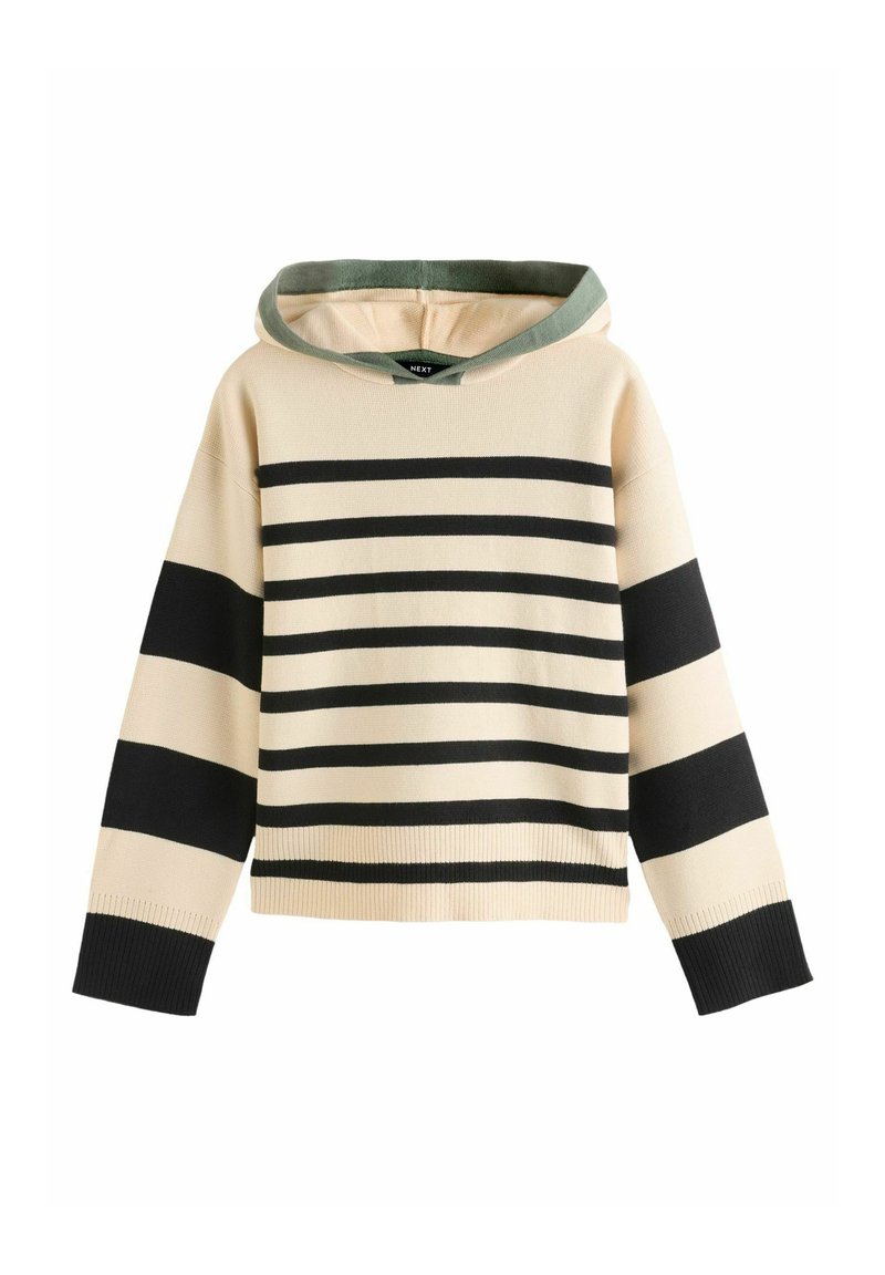 Beige Kapuzenpulli mit schwarzen horizontalen Streifen und einem grünen Innenfutter; ausgestattet mit gerippten Bündchen und Saum für einen taillierten Look.