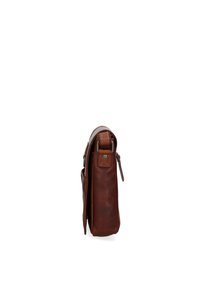Borsa in pelle marrone con un design elegante, caratterizzata da un profilo piatto, una tracolla con chiusura a pressione e dettagli di cucitura discreti sui lati.