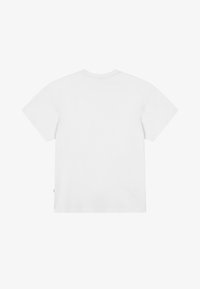 T-shirt blanc uni à manches courtes, vu de dos avec un col rond sur un fond clair.