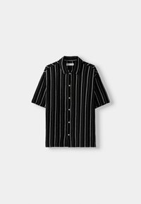 Short-sleeve button-up shirt in black with vertical white stripes. Features a collared neckline and five button closures on the front.