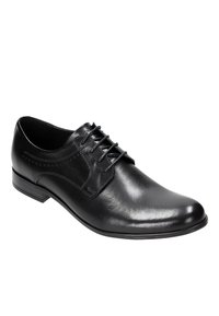 Scarpa da uomo in pelle nera, con punta rotonda, chiusura con lacci a sei occhielli e dettagli di cucitura discreti sui lati, texture liscia e tacco basso.