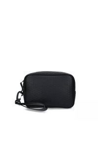 Schwarze rechteckige Tasche aus strukturiertem Leder, mit flachem Boden, Reißverschluss und abnehmbarem Handgelenkriemen.