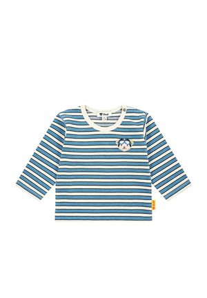 Gestreepte lange mouwen shirt in blauw en wit, met een fuzzy schapendesign en een gele label aan de zoom. Gemaakt van zachte stof.
