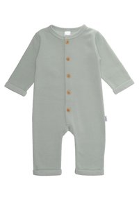 Hellgrüner, gerippten Einteiler mit langen Ärmeln, fünf Holzknöpfen auf der Vorderseite sowie umschlagenen Ärmeln und Beinen. Weiches Material, schlichtes Design.