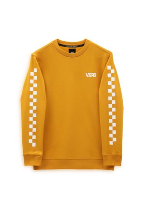 Musztardowożółta bluza Vans z białymi paskami w kratkę na obu rękawach i małym białym logo Vans na lewej piersi.