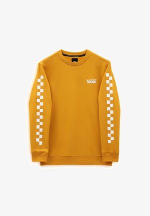 Sennepsgul Vans-sweatshirt med hvide ternede striber ned ad begge ærmer og lille hvid Vans-logo på venstre bryst.