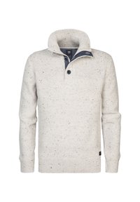 Pull tricot gris clair avec un col montant. Présente des accents bleu marine, une patte de boutonnage et un tissu texturé moucheté. Poignets et ourlet côtelés.