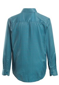 Turquoise overhemd met een circulair geometrisch patroon, knoopsluiting, lange mouwen en een gebogen zoom. Lichtgewicht stof met een gladde textuur.