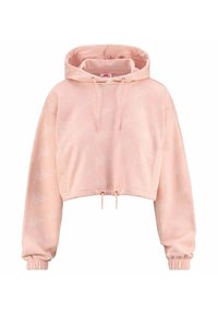 Felpa corta rosa con tasca a marsupio, cordini e polsini a costine. Presenta un delicato motivo con il logo Kappa su un tessuto morbido.