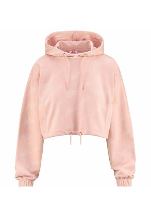 Felpa corta rosa con tasca a marsupio, cordini e polsini a costine. Presenta un delicato motivo con il logo Kappa su un tessuto morbido.