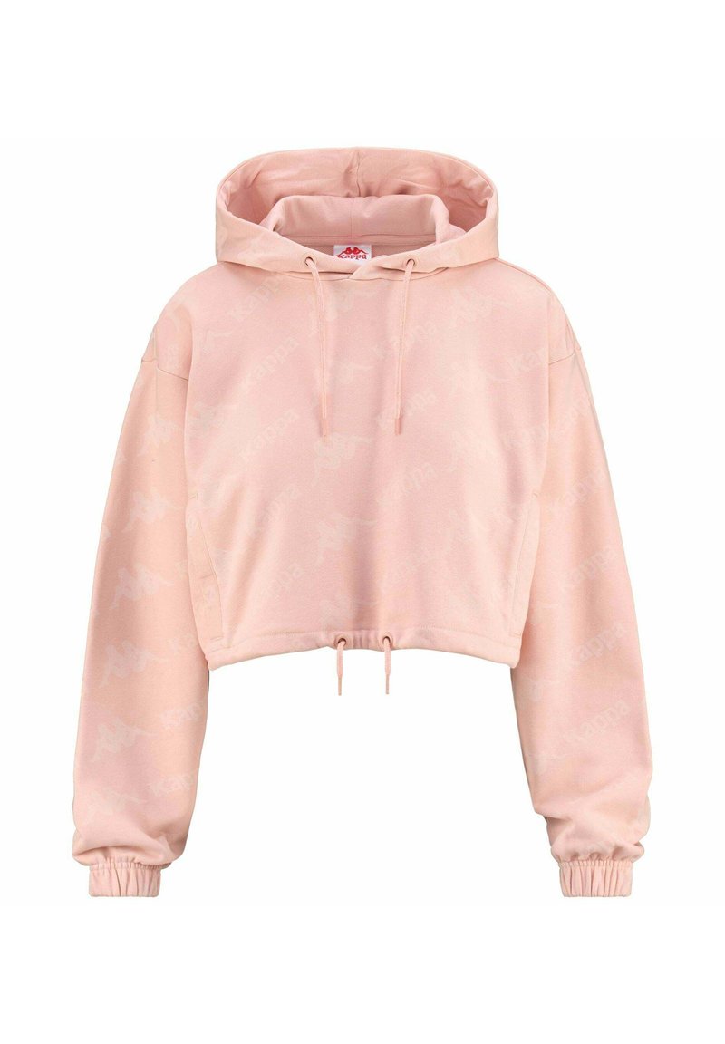 Felpa corta rosa con tasca a marsupio, cordini e polsini a costine. Presenta un delicato motivo con il logo Kappa su un tessuto morbido.