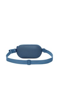 Sininen kangasvyölaukku pyöristetyllä muodolla, teksturoitu verkko pinta, säädettävä hihna ja muovinen solki turvallista kiinnittämistä varten.