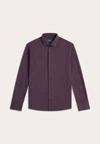 Langarmshirt in dunklem lila, mit kentkragen, schwarzen Knöpfen und einem glatten, strukturierten Stoff.