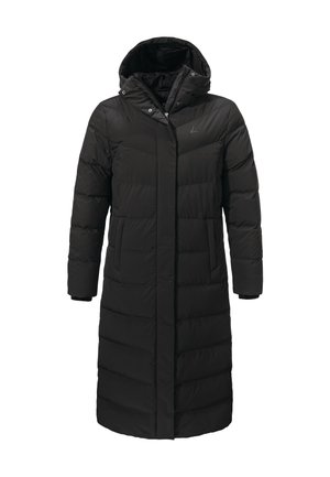 Schwarzer langer Steppmantel mit Kapuze, ausgestattet mit einem gesteppten Design, Frontreißverschluss und Druckknöpfen. Glatte Textur und leichte Isolierung.