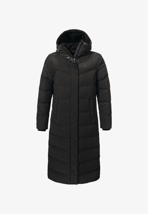 Schwarzer langer Steppmantel mit Kapuze, ausgestattet mit einem gesteppten Design, Frontreißverschluss und Druckknöpfen. Glatte Textur und leichte Isolierung.