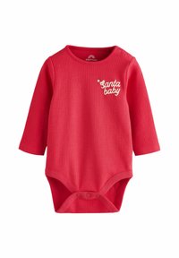 Červený rebrovaný body s dlhým rukávom a textom "Santa baby" s malou grafikou Santa. Zapínanie na patentky na spodnej časti pre jednoduché obliekanie.