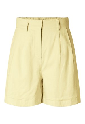 Lysegule shorts med høj talje, bæltestropper, frontplisser og skjult lukning foran, lavet af let stof.