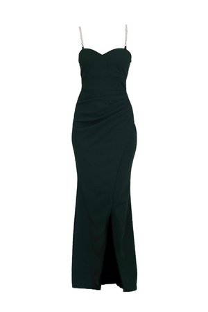 Rochie neagră fără mâneci, cu un corset ajustat, detalii drapate, o fanta înaltă pe coapsă și bretele accentuate cu lanț. Material moale și neted.