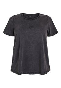 Kortærmet sort, vasket bomulds T-shirt med rund halsudskæring og lille broderet logo centreret på brystet.