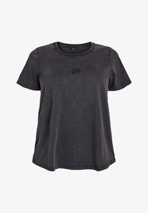 Lühikeste varrukatega must pestud puuvillane T-särk ümmarguse kaelusega ja väike broderi logo keskelt rinnal.