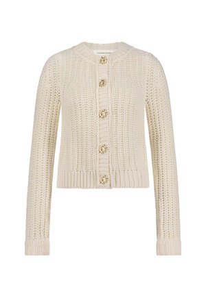 Strickcardigan in Elfenbein mit rundem Halsausschnitt, langen Ärmeln, fünf goldfarbenen Knöpfen sowie geripptem Saum und Bündchen. Strukturierte Strickmuster überall.