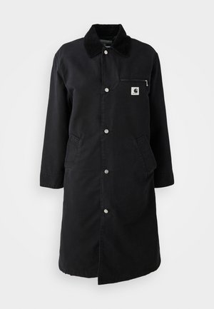 Black long coat with snap buttons, corduroy collar, zippered chest pocket, and two side pockets, front view on white background.