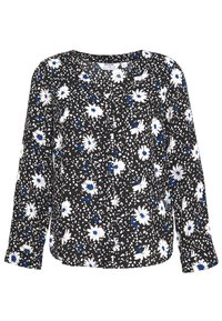 Černá blůza s květinovým vzorem, který zahrnuje bílé sedmikrásky a modré akcenty, s designem na knoflíky, dlouhými rukávy a volnějším střihem.