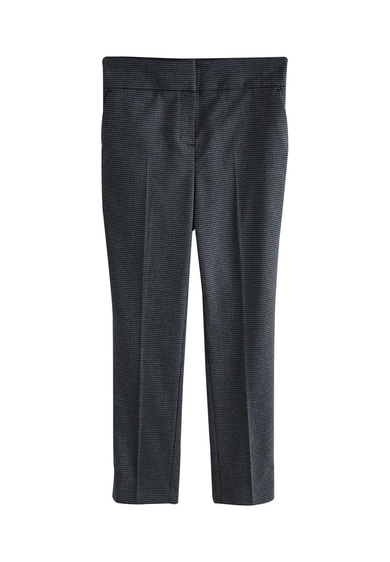 Pantaloni su misura in tessuto grigio scuro con un piccolo motivo a quadretti, davanti piatto e gambe dritte, con una cintura liscia.