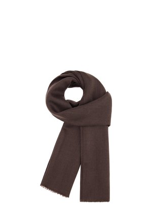 Dark brown wool scarf folded in a loop with fringed ends, displayed on a white background.