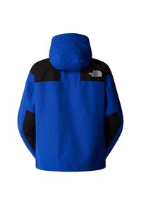 Veste d'extérieur bleue et noire à capuche avec manches longues, avec le logo The North Face en haut à droite du dos.