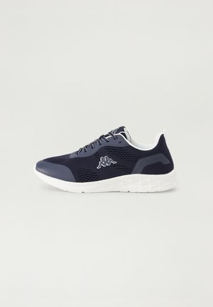 Navy mesh running shoes with white accents, featuring a cushioned sole, lace-up front, and logo detail on the side.