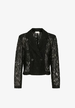 Schwarze Spitzenblazer mit doppelreihigem Design, langen Ärmeln und strukturierten Blumenmustern. Akzentuiert mit zwei schwarzen Knöpfen an der Vorderseite.