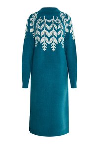 Teal gestricktes Kleid mit langen Ärmeln, featuring ein weißes Blättermuster im Oberteil, lockere Passform und seitliche Schlitze für Bewegungsfreiheit.