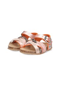Multicolore sandalen met roze metallic banden, zwarte gevlekte accenten, oranje voering, kurken zolen en een zilveren gesp voor aanpassing.