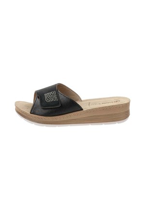 Sandales noires à glissière avec un dessus texturé, dotées d'un accent décoratif en forme de carré, d'une semelle intérieure rembourrée et d'une semelle beige avec un léger talon.