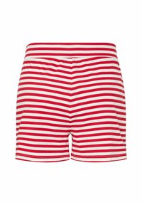 Sarkani un baltie svītrainie šorti, izgatavoti no mīksta, elastīga auduma; tiem ir pielāgota vidukļa līnija un taisna griezuma forma, ar vienādām horizontālām svītrām.