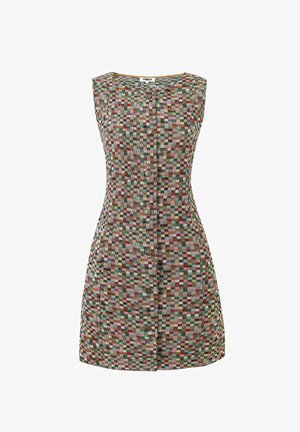 Mouwloze mini-jurk met knoopsluiting aan de voorkant en een meerkleurig vierkant patroon in groene, rode, roze en blauwe tinten.