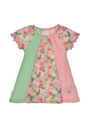 Toddler dress with short ruffled sleeves, featuring green polka dots, tropical flowers, and pink heart patterns, with a small watermelon patch.