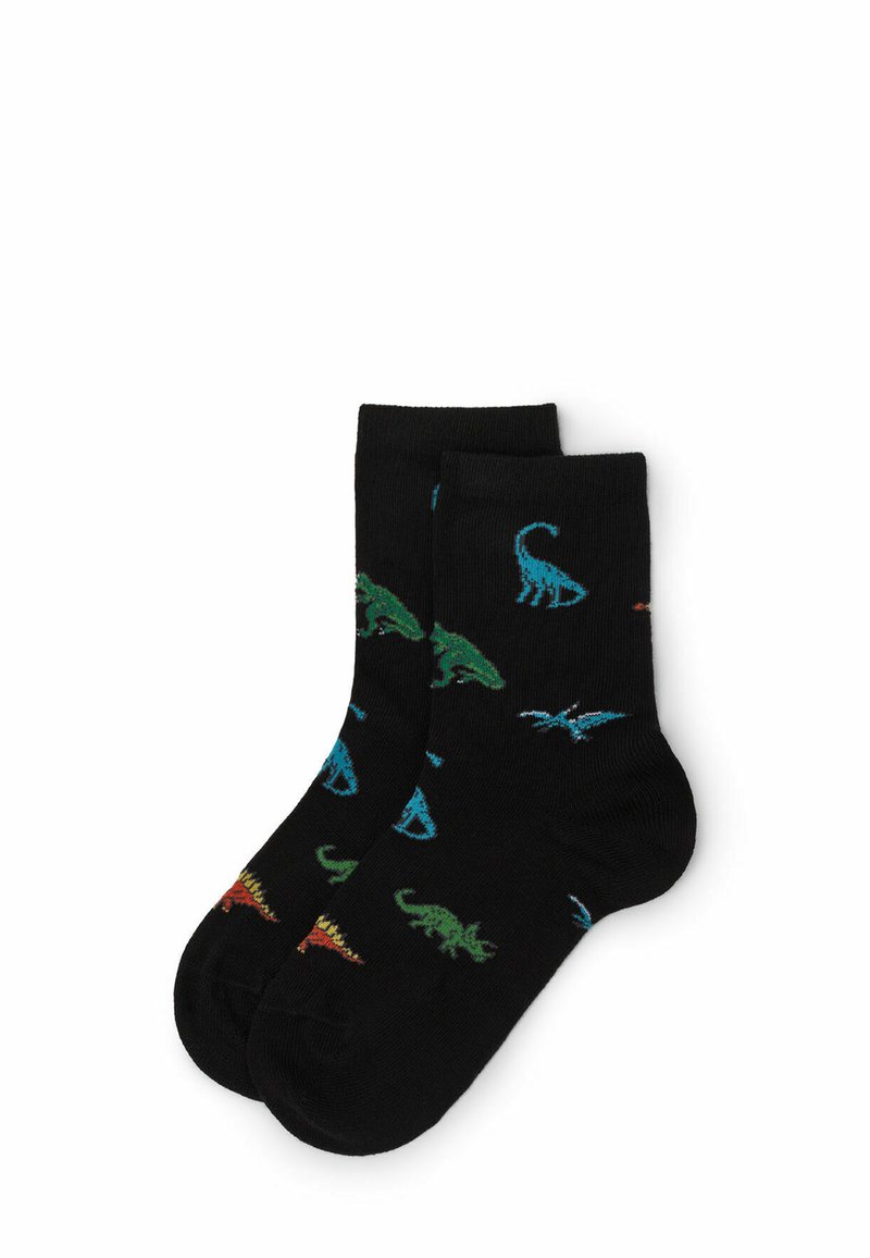 Sorte sokker med forskellige farverige dinosaurdesigns i blå, grøn og rød. Lavet af et blødt, fleksibelt stof. Ankellængde.