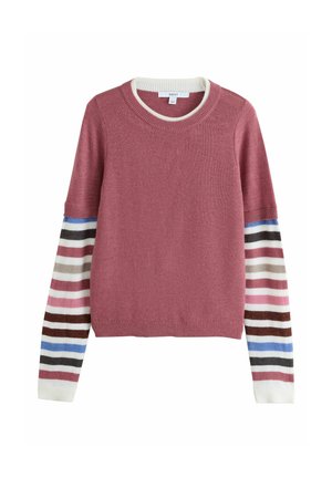 Strikket bluse med lange ærmer i støvet rosa krop og flerfarvede horisontale striber på ærmerne i hvide, blå, sorte, brune og pink toner.
