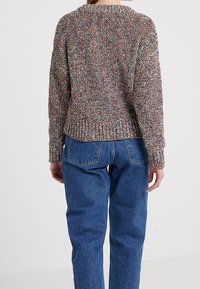 Mehrfarbiger Strickpullover mit strukturierter Oberfläche, Rundhalsausschnitt und geripptem Saum, kombiniert mit hochtaillierten blauen Jeans.