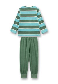 Katoenen pyjama set met een gestreepte teal en groene long-sleeve top en effen groene, elastische taillebroek. Zachte textuur overal.